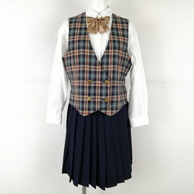 ベスト スカート リボン 上下4点 冬物 女子 埼玉武蔵野音楽大学附属高校 チェック 紺 リバーシブル コ..