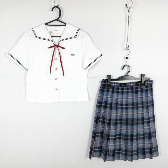 セーラー服 チェックスカート 紐タイ 上下3点セット カンコー 夏物 青2本線 女子 学生服 愛知山本学園 白 制服 中古 ランクC NA3653