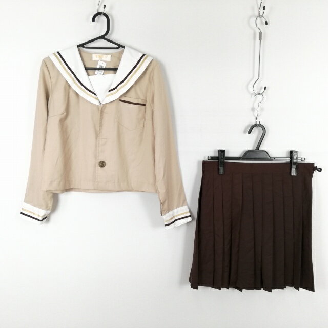 コスプレ セーラー服 ミニスカート 上下2点セット XL 茶ベージュ各1本線 女子 学生服 中学 高校 茶 制服 中古 GM1195