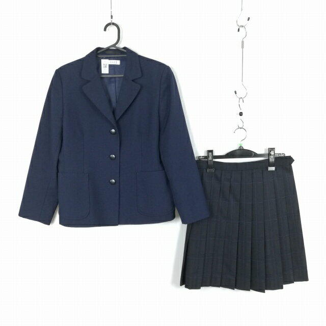 ブレザー チェックスカート 上下2点セット 大きいサイズ ELLE 冬物 女子 学生服 中学 高校 紺 制服 中古 ランクB EY6535