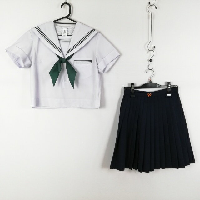 セーラー服 スカート スカーフ 上下3点セット 夏物 緑3本線 女子 学生服 中学 高校 白 制服 中古 ランクC EY9171