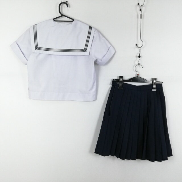 セーラー服 スカート スカーフ 上下3点セット 夏物 緑3本線 女子 学生服 中学 高校 白 制服 中古 ランクC EY9171