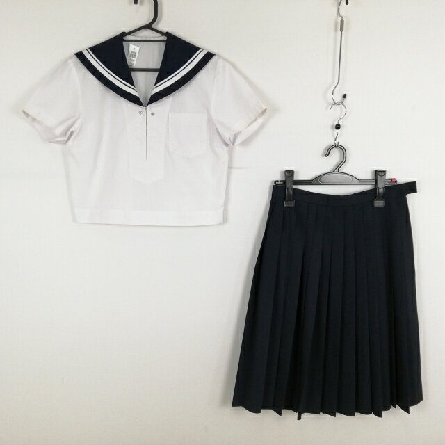 セーラー服 スカート 上下2点セット 夏物 白2本線 女子 学生服 中学 高校 白 制服 中古 ランクC EY6869