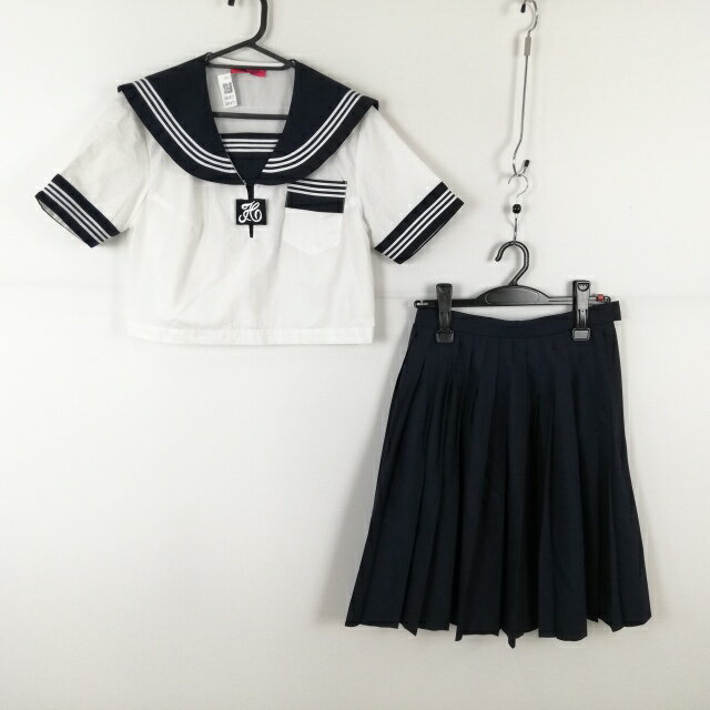 コスプレ セーラー服 スカート 上下2点セット M 白3本線 女子 学生服 中学 高校 白 制服 中古 GM1877