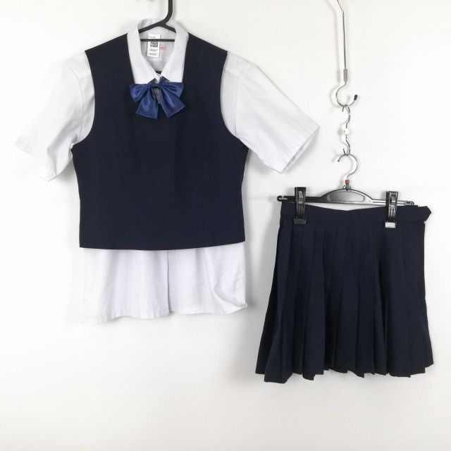 ベスト マイクロミニスカート リボン 上下4点セット カンコー 夏物 女子 学生服 中学 高校 紺 制服 中古 ランクC NA0827