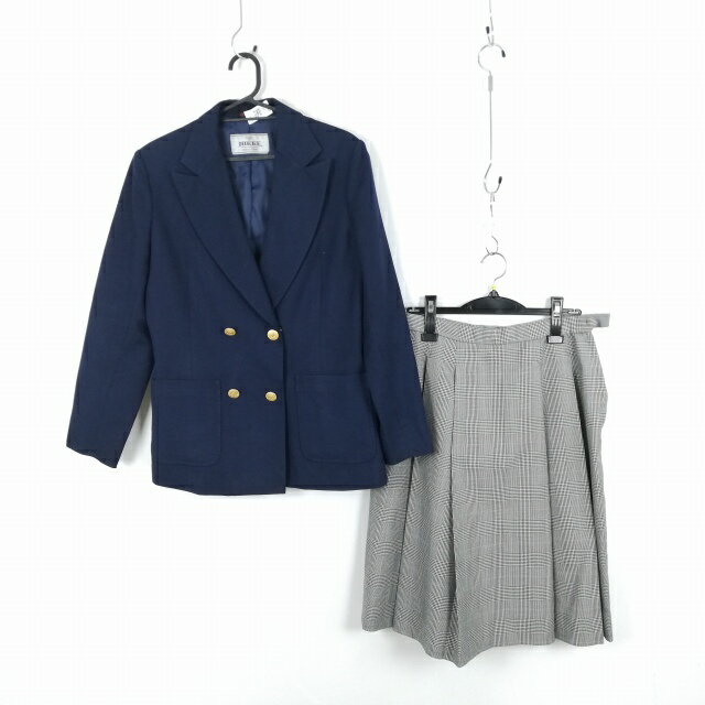 ブレザー チェックスカート 上下2点セット 冬物 女子 学生服 佐賀三日月中学 紺 制服 中古 ランクC EY5813