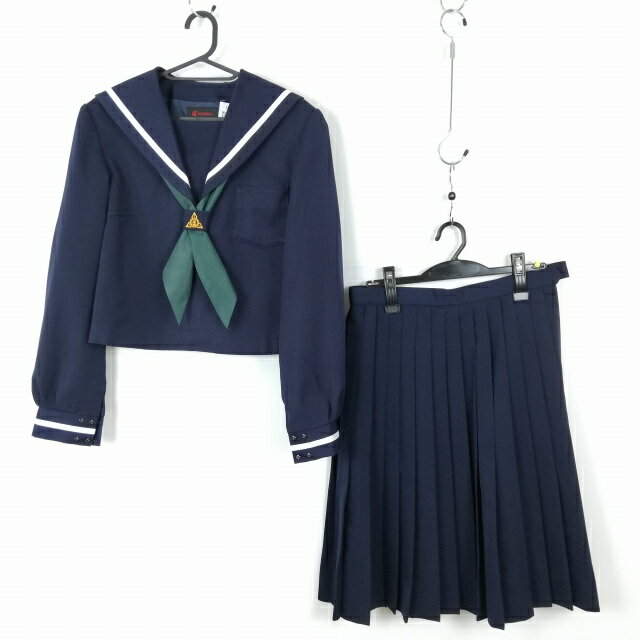 セーラー服 スカート スカーフ 上下3点セット 大きいサイズ カンコー 冬物 白1本線 女子 学生服 香川第一中学 紺 中古 ランクC NA5447