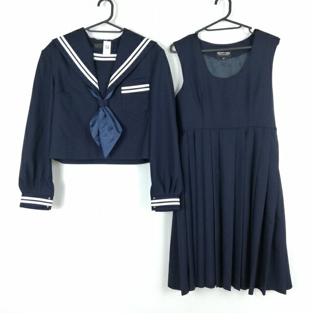 セーラー服 ジャンパースカート スカーフ 上下3点セット 大きいサイズ 冬物 白2本線 女子 学生服 中学 高校 紺 中古 ランクC NA8145