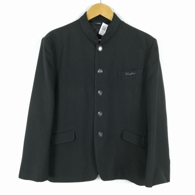 学生服 学ラン 170B 男子 上着 ウール混 佐賀嬉野高校 学校指定制服 ラウンドカラー ストライプ(黒/グレー) 中古 ランクC a3 JJ5380