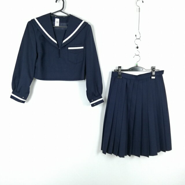 セーラー服 スカート 上下2点セット 冬物 白1本線 女子 学生服 中学 高校 紺 制服 中古 ランクC NA6140