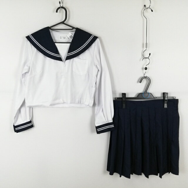 コスプレ セーラー服 ミニスカート 上下2点セット M 白2本線 女子 学生服 中学 高校 白 制服 中古 GM1829