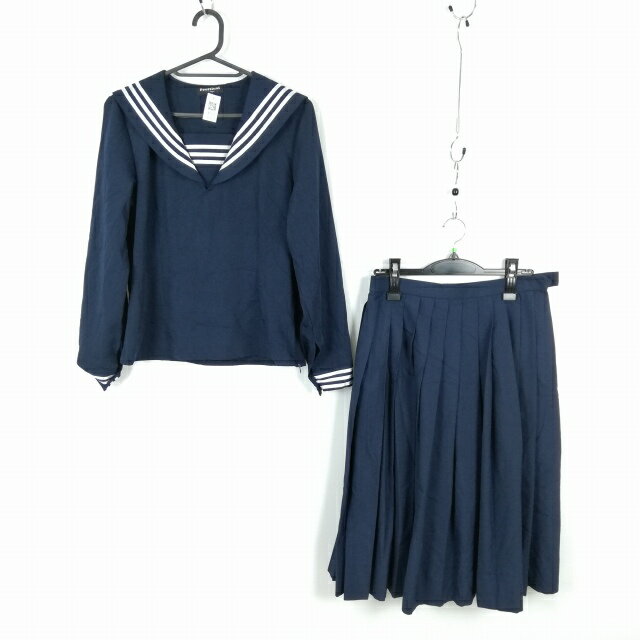 コスプレ セーラー服 スカート 上下2点セット L 白3本線 女子 学生服 中学 高校 紺 制服 中古 GM1839