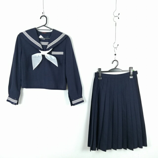 セーラー服 スカート スカーフ 上下3点セット 大きいサイズ 白3本線 女子 学生服 中学 高校 紺 制服 中古 ランクC NA3681
