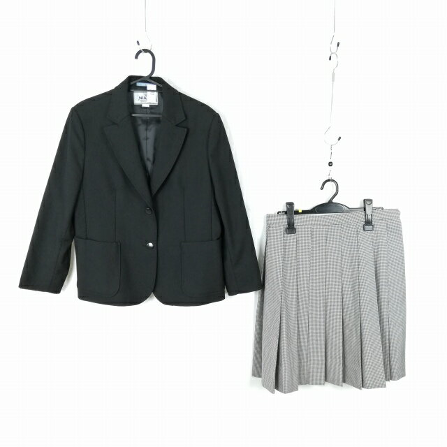 ブレザー チェックスカート 上下2点セット 大きいサイズ 冬物 女子 学生服 中学 高校 黒 制服 中古 ランクC NA6521