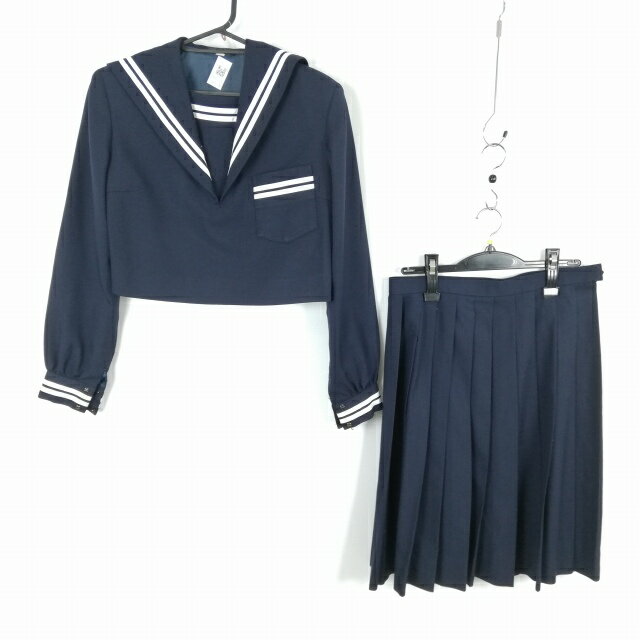 セーラー服 スカート 上下2点セット 冬物 白2本線 女子 学生服 中学 高校 紺 制服 中古 ランクC NA7339