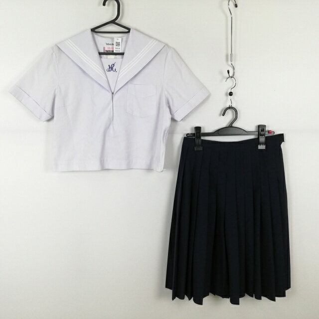 セーラー服 スカート 上下2点セット 大きいサイズ 夏物 白3本線 女子 学生服 兵庫飾磨東中学 白 制服 中古 ランクC NA8608