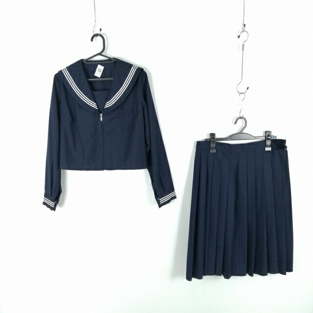 コスプレ セーラー服 スカート 上下2点セット XL 白3本線 女子 学生服 中学 高校 紺 制服 中古 GM1264
