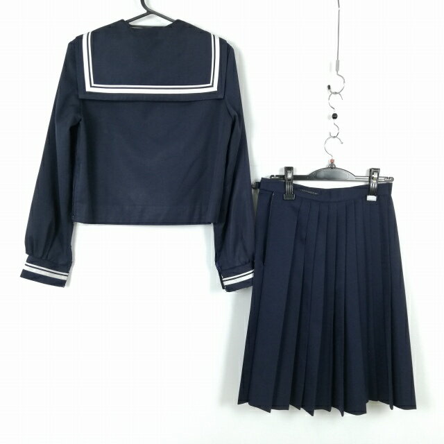セーラー服 スカート 上下2点セット 冬物 白2本線 女子 学生服 中学 高校 紺 制服 中古 ランクC NA4026