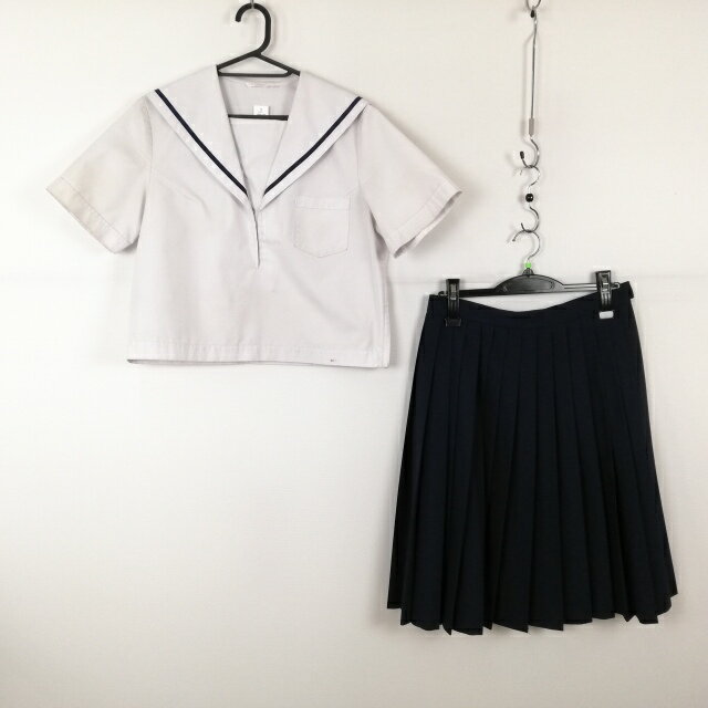 セーラー服 スカート 上下2点セット L 夏物 青1本線 女子 学生服 中学 高校 白 制服 中古 ランクC NA6905