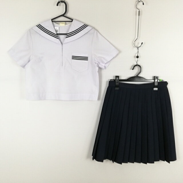 セーラー服 スカート 上下2点セット 夏物 黒3本線 女子 学生服 中学 高校 白 制服 中古 ランクC NA4081