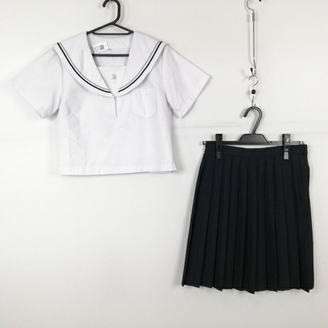 コスプレ セーラー服 スカート 上下2点セット 青グレー各1本線 女子 学生服 中学 高校 白 制服 中古 GM1404