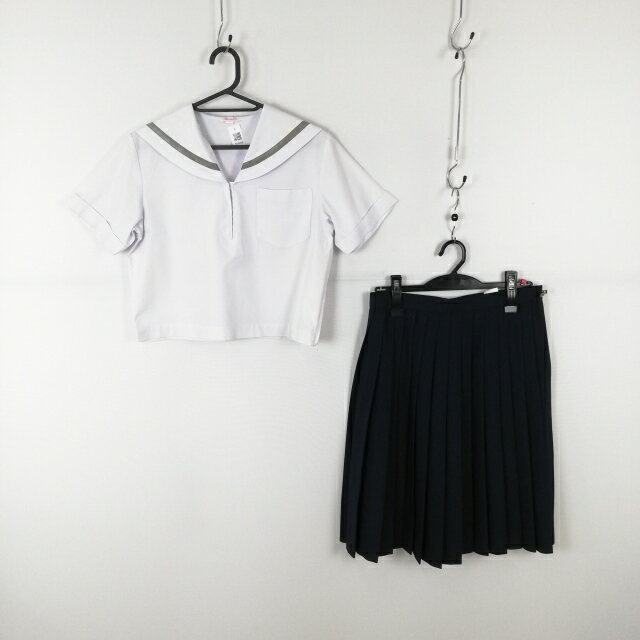 セーラー服 スカート 上下2点セット L 夏物 グレー1本線 女子 学生服 兵庫朝日中学 白 制服 中古 ランクB NA4098