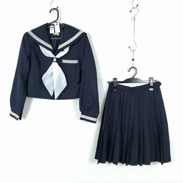 セーラー服 スカート スカーフ 上下3点セット 160 冬物 白3本線 女子 学生服 中学 高校 紺 制服 中古 ランクC EY5327