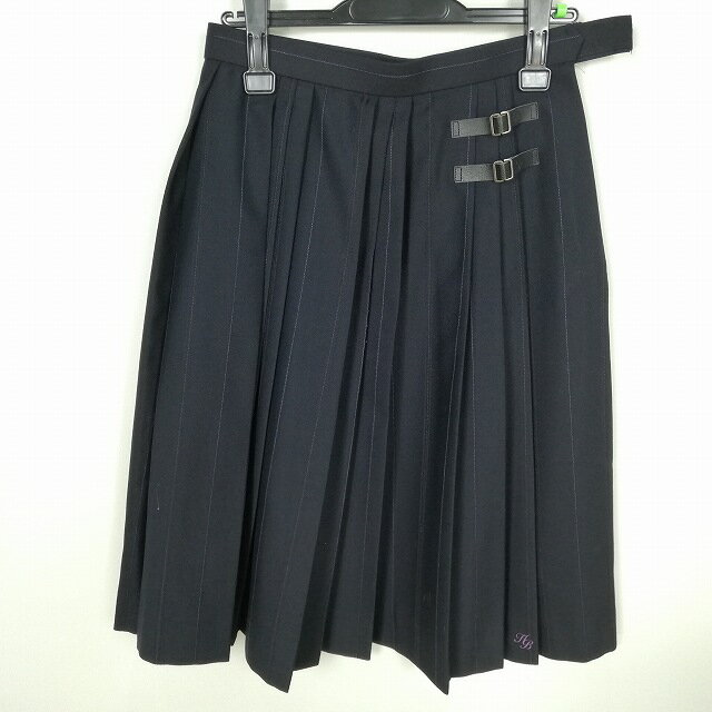 スクールスカート 冬物 w66-丈52 ストライプ 兵庫姫路別所高校 プリーツ 学生服 制服 女子 中古 HK9836