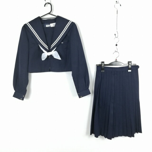 セーラー服 スカート スカーフ 上下3点セット カンコー 冬物 白2本線 女子 学生服 中学 高校 紺 制服 中古 ランクC NA2053
