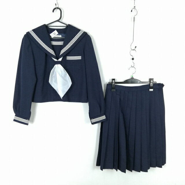 セーラー服 スカート スカーフ 上下3点セット 165A カンコー 冬物 白3本線 女子 学生服 中学 高校 紺 制服 中古 ランクC NA0451