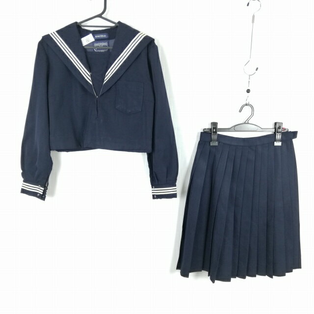 セーラー服 スカート 上下2点セット 冬物 白3本線 女子 学生服 中学 高校 紺 制服 中古 ランクC NA5249