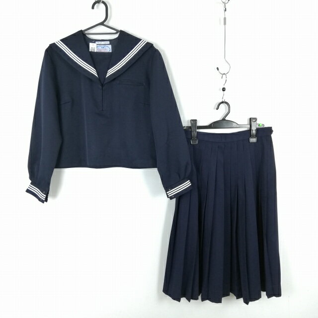 セーラー服 スカート 上下2点セット 160A 大きいサイズ 冬物 白3本線 女子 学生服 中学 高校 紺 制服 中古 ランクC NA0456