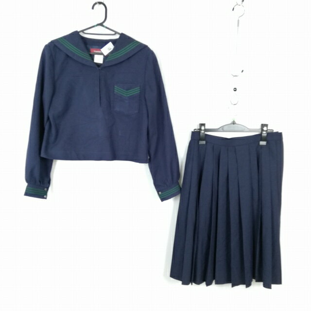セーラー服 スカート 上下2点セット 大きいサイズ トンボ 冬物 緑3本線 女子 学生服 中学 高校 紺 制服 中古 ランクC NA5436