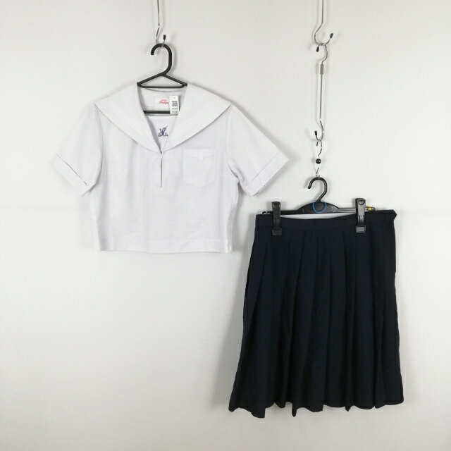 セーラー服 スカート 上下2点セット 165A 大きいサイズ カンコー 夏物 白3本線 女子 学生服 兵庫飾磨東中学 白 中古 ランクB NA5466