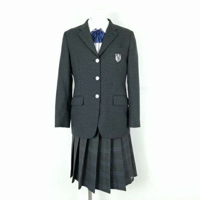 ブレザー チェックスカート リボン 上下4点セット 160A カンコー 冬物 女子 学生服 兵庫北条高校 グレー 制服 中古 ランクC EY7985