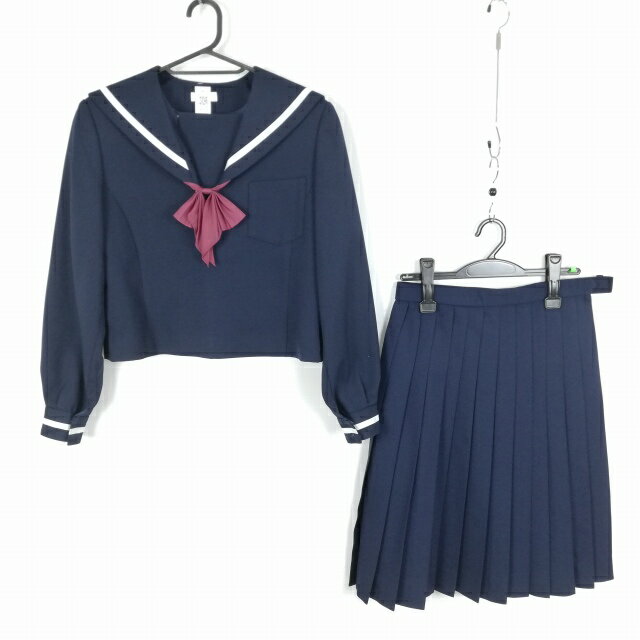 セーラー服 スカート リボン 上下3点セット 165A ELLE 冬物 白1本線 女子 学生服 中学 高校 紺 制服 中古 ランクC NA4218