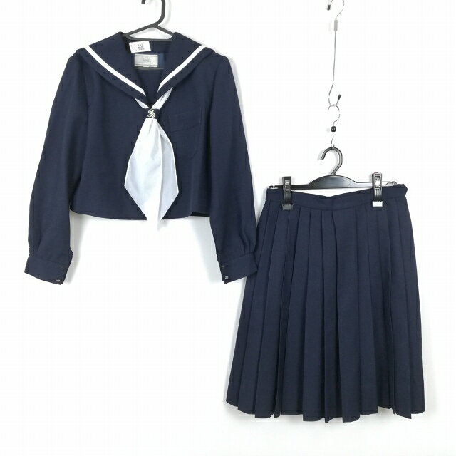 セーラー服 スカート スカーフ 上下3点セット 155A カンコー 冬物 白1本線 女子 学生服 兵庫書写中学 紺 制服 中古 ランクC NA5838