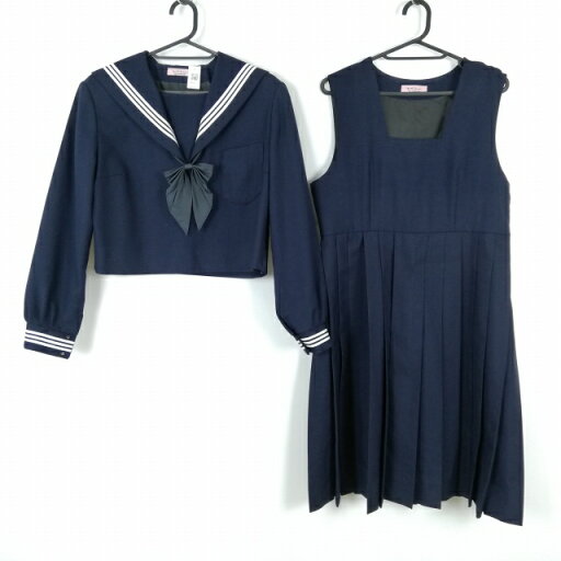 セーラー服 ジャンパースカート リボン 上下3点セット 指定 冬物 白3本線 女子 学生服 中学 高校 紺 制服 中古 ランクC NA6824 セーラー服 ジャンパースカート リボン 上下3点セット 指定 冬物 白3本線 女子 学生服 中学 高校 紺 制服 中古 ランクC NA6824