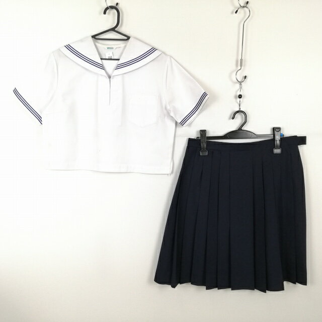 セーラー服 スカート 上下2点セット 大きいサイズ 165A 夏物 青3本線 女子 学生服 中学 高校 白 制服 中古 ランクC NA7165