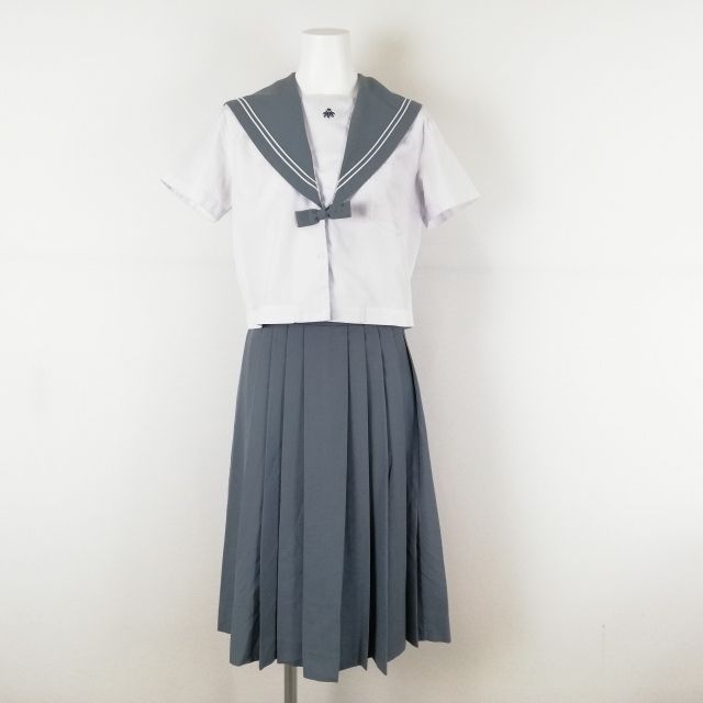 セーラー服 スカート リボン 上下3点セット 150 夏物 白2本線 女子 学生服 宮崎大学教育学部附属小学校 白 制服 中古 ランクC NA7254