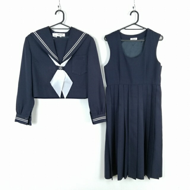 セーラー服 ジャンパースカート スカーフ 上下3点セット 指定 冬物 白2本線 女子 学生服 熊本出水南中学 紺 制服 中古 ランクC NA7486