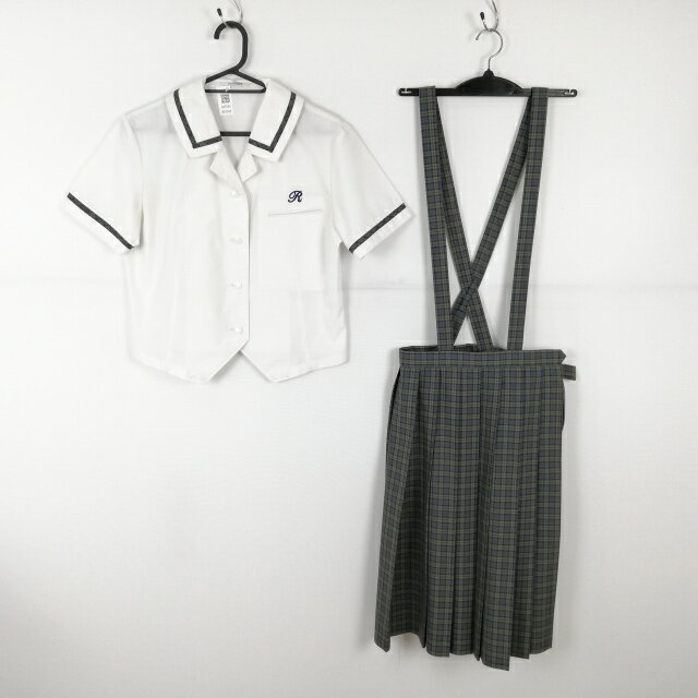 ブラウス チェックスカート 上下2点セット M トンボ 夏物 女子 学生服 熊本力合中学 白 制服 中古 ランクC NA7540