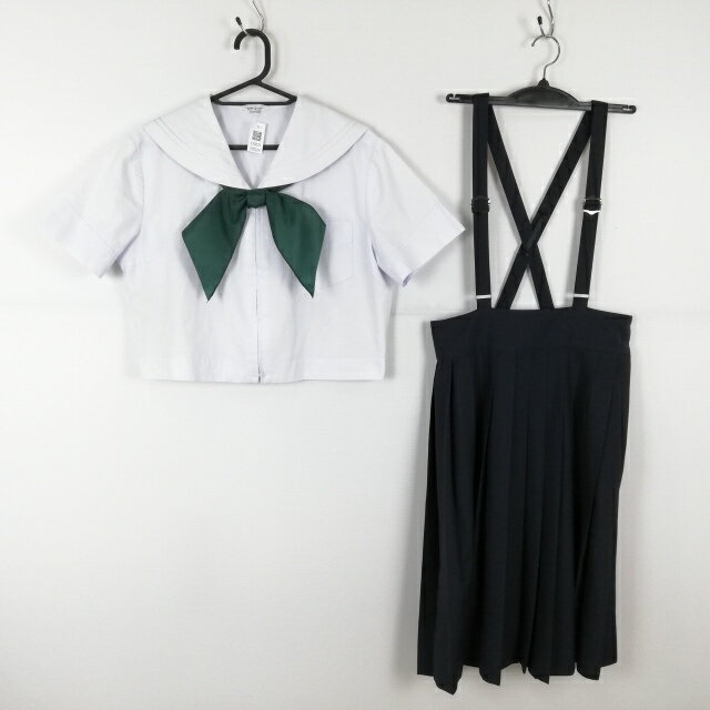 セーラー服 スカート スカーフ 上下3点セット 大きいサイズ 夏物 白2本線 女子 学生服 福岡三池高校 白 制服 中古 ランクC EY0229