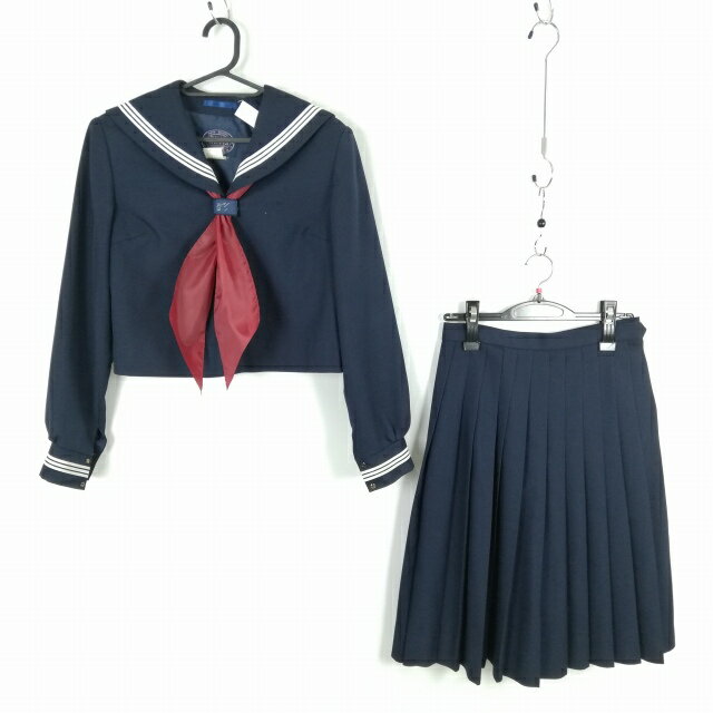 セーラー服 スカート スカーフ 上下3点セット M 冬物 白3本線 女子 学生服 広島尾道北高校 紺 制服 中古 ランクC NA7828