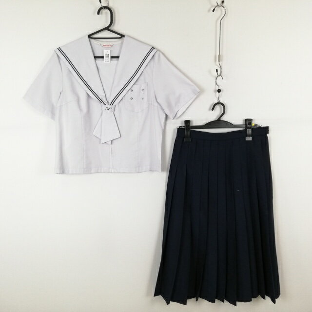 セーラー服 スカート 上下2点セット 大きいサイズ カンコー 夏物 青2本線 女子 学生服 長崎西大村中学 白 制服 中古 ランクC EY8022