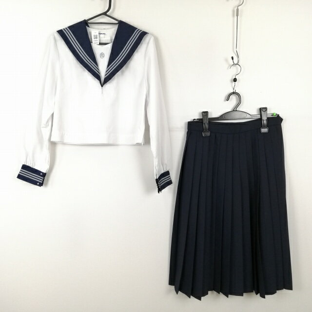セーラー服 スカート 上下2点セット 中間服 グレー3本線 女子 学生服 高知岡豊高校 白 制服 中古 ランクC EY0476