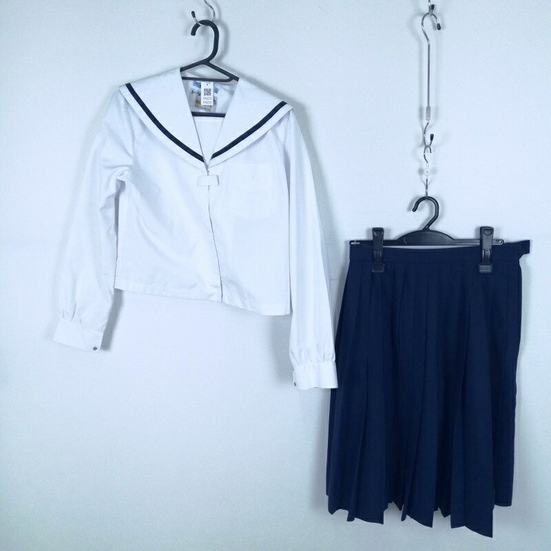 セーラー服 スカート 上下2点セット 165A 中間服 青1本線 女子 学生服 中学 高校 白 制服 中古 ランクC EY6233