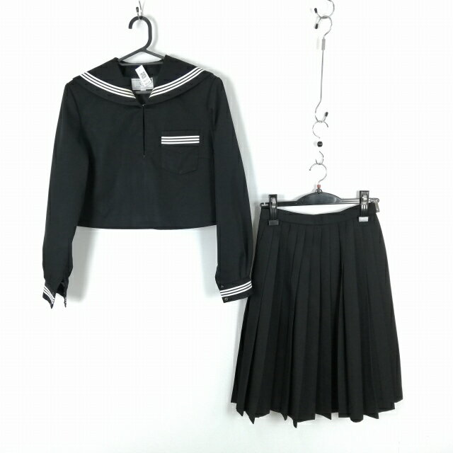 セーラー服 スカート 上下2点セット 160A 大きいサイズ カンコー 冬物 白3本線 女子 学生服 中学 高校 黒 制服 中古 ランクC NA6329