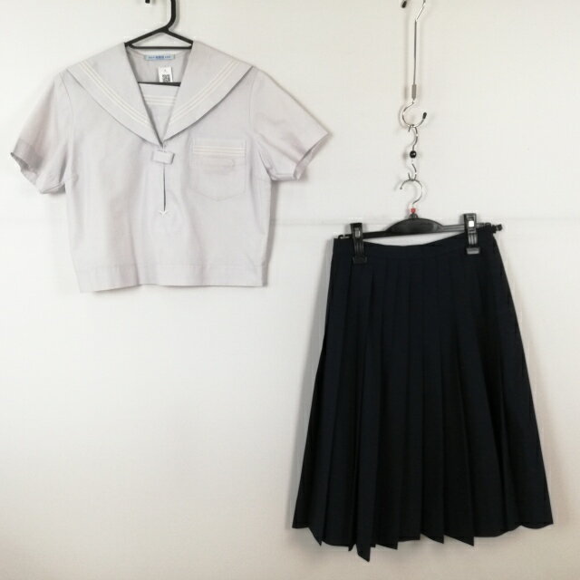 セーラー服 スカート 上下2点セット 夏物 白3本線 女子 学生服 中学 高校 白 制服 中古 ランクC NA8884