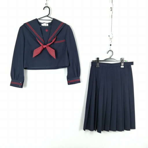 セーラー服 スカート スカーフ 上下3点セット 冬物 赤2本線 女子 学生服 中学 高校 紺 制服 中古 ランクC NA6054 セーラー服 スカート スカーフ 上下3点セット 冬物 赤2本線 女子 学生服 中学 高校 紺 制服 中古 ランクC NA6054